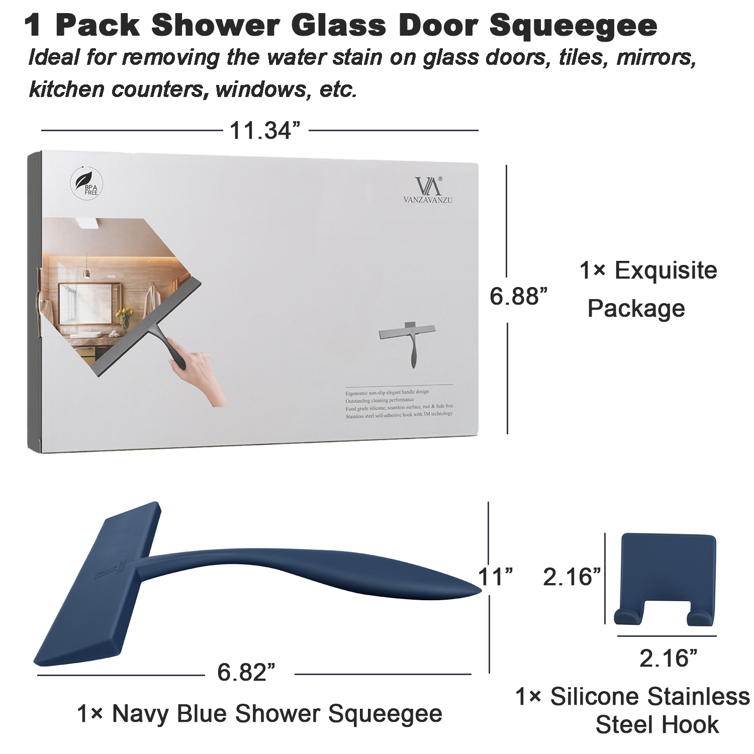 Shower Squeegee for Shower Glass Doors 11-Inch Bathroom Squeegee Shower Door  Silicone Squeegees Wiper with Non-Slip Handle, Self-Adhesive Silicone Hook,  for Mirror, Tiles, Counter (Navy Blue-1 Pack) 